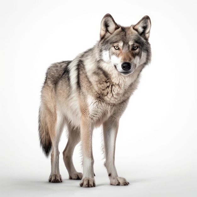 Ein Wolf mit weißem Hintergrund und schwarzer Nase.