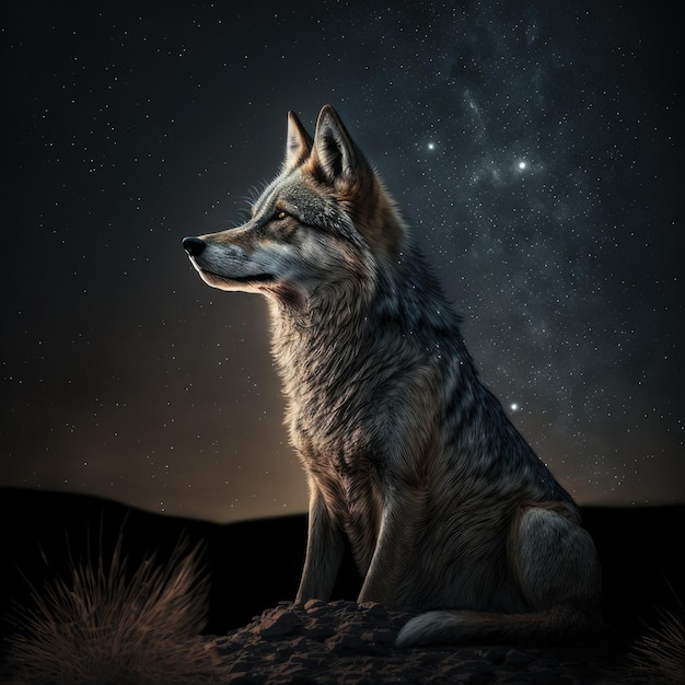 Ein Wolf sitzt im Gras mit den Sternen im Hintergrund.
