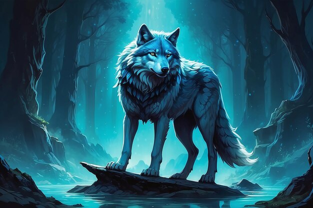 ein Wolf steht auf einem Felsen mit einem blauen Schwanz, ein blauer Wolf, ein pelziger Wolf