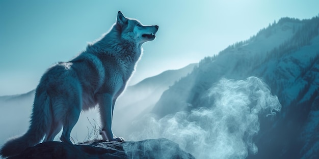 Ein Wolf steht auf einem Felsen neben einem Berg. Generatives KI-Bild