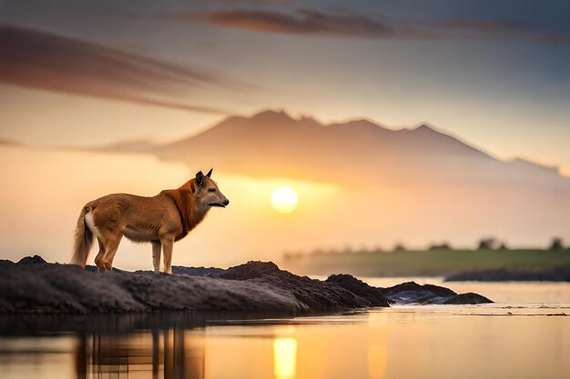 ein Wolf steht auf einem Felsen vor einem Berg