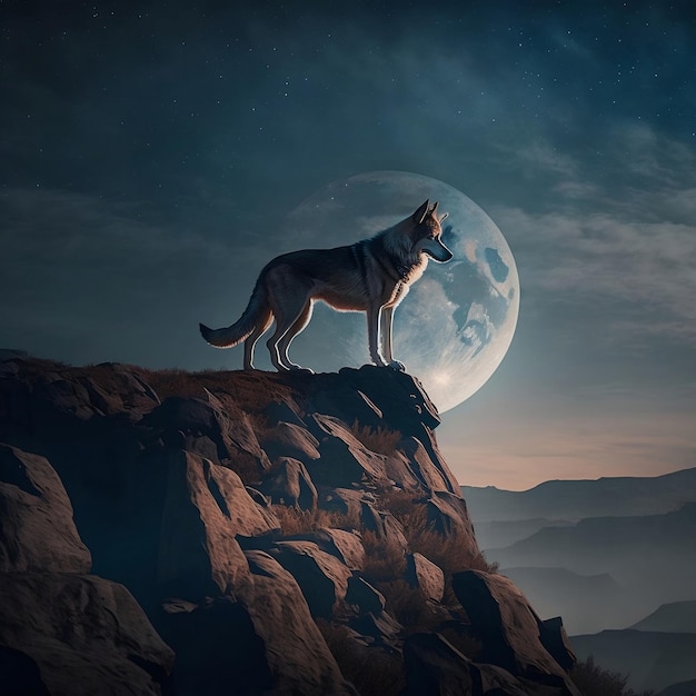 Ein Wolf steht auf einem felsigen Hügel im Licht des Vollmondes Generative Ai