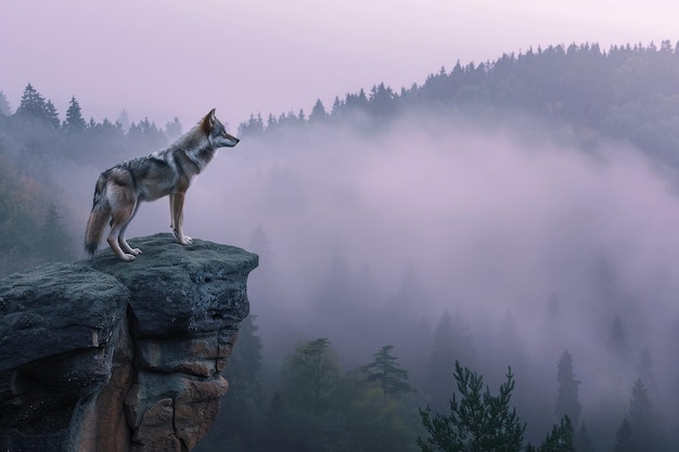 Ein Wolf steht auf einem Felsvorsprung im Wald