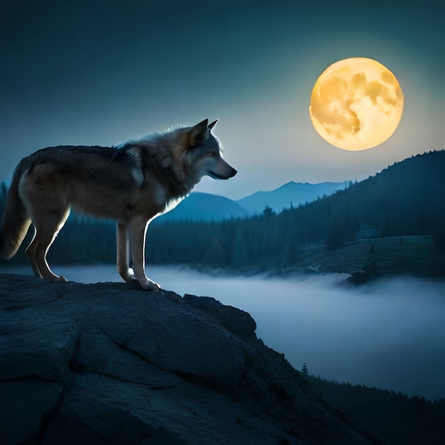 Ein Wolf steht auf einer Klippe vor dem Vollmond.