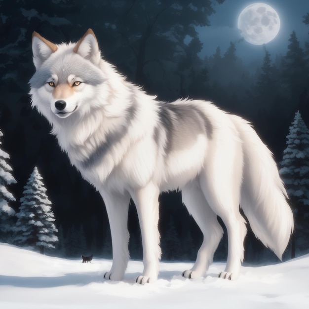 Foto ein wolf steht im schnee mit einem vollmond im hintergrund.