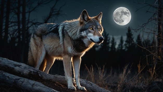 Ein Wolf steht vor einem Vollmond