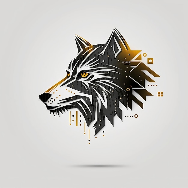 Ein Wolfskopf mit goldenen und schwarzen Farben und einem schwarz-goldenen Hintergrund.