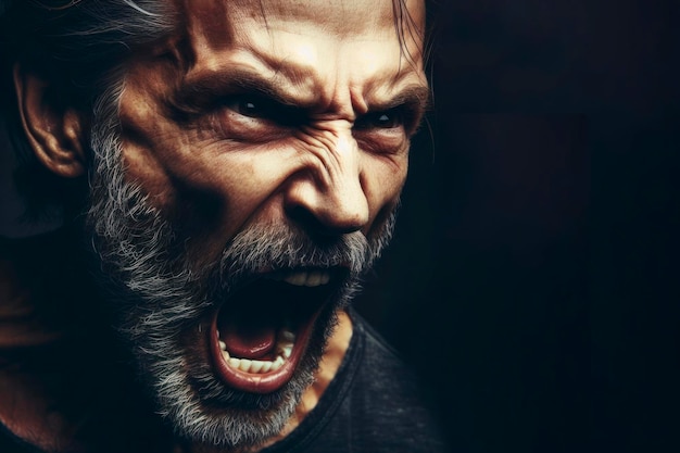Foto ein wütender mann mit offenem mund auf einem dunklen hintergrund ai generativ