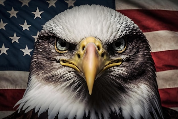 Ein wütender nordamerikanischer Weißkopfseeadler auf amerikanischer Flagge. Neuronales Netzwerk AI generiert