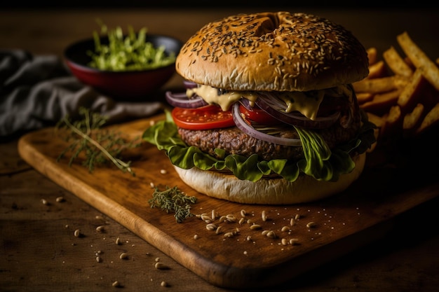 Ein wunderbarer hausgemachter Burger ist aus nächster Nähe auf einem Holztisch zu sehen