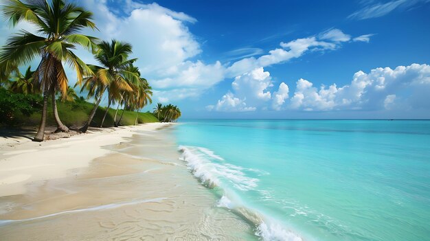 Ein wunderbarer Strand mit weißem Sand und Palmen das Wasser ist kristallklar und blau der Himmel ist blau und es gibt einige weiße Wolken