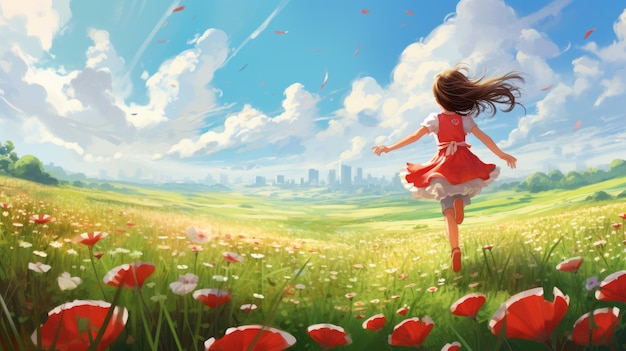 Ein wunderbares Anime-Mädchen geht in einem lebendigen Mohnfeld spazieren