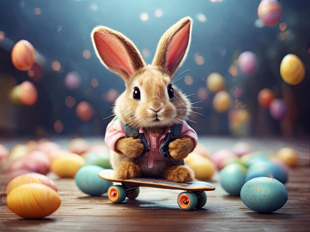 Ein wunderbares Osterhase auf einem Skateboard mit geschmückten Eiern