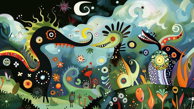 Ein wunderbares und farbenfrohes digitales Gemälde einer surrealistischen Landschaft mit einer Vielzahl seltsamer und wunderbarer Kreaturen