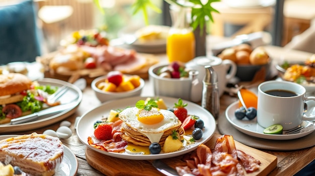 Foto ein wunderschön angeordneter brunch-tisch mit klassikern wie eier benedict generative ai