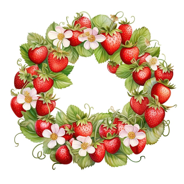 Ein wunderschön angeordneter Kranz aus Erdbeeren und Blumen mit üppig grünen Blättern auf weißem Hintergrund