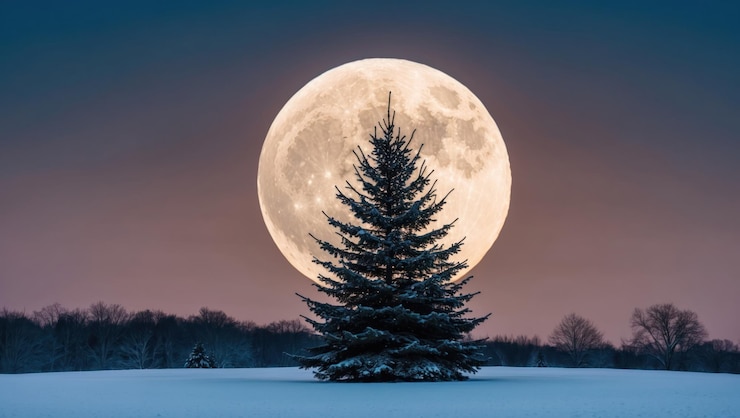Foto ein wunderschön beleuchteter weihnachtsbaum gegen einen vollmond in einer schneebedeckten landschaft