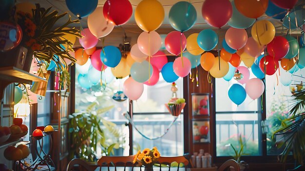 Ein wunderschön dekoriertes Zimmer mit bunten Ballons und einer hellen, einladenden Atmosphäre Perfekt für eine Geburtstagsfeier oder einen anderen besonderen Anlass