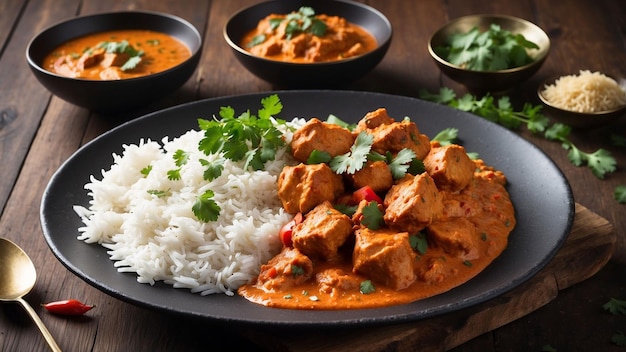 Ein wunderschön gepflaster Hühner-Tikka-Masala, der mit reichen aromatischen Gewürzen dampft, sitzt auf einem dunklen Woo