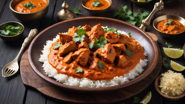 Ein wunderschön gepflaster Hühner-Tikka-Masala, der mit reichen aromatischen Gewürzen dampft, sitzt auf einem dunklen Woo