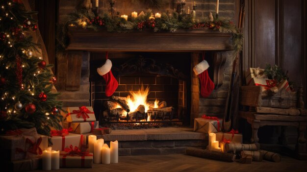 Foto ein wunderschön geschmücktes wohnzimmer wird durch das warme leuchten eines mit weihnachtlichen dekorationen geschmückten kamines beleuchtet