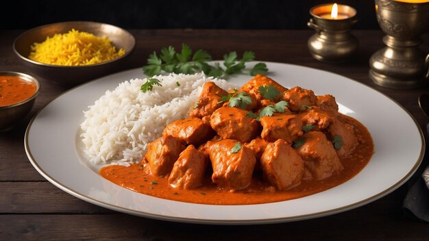 Ein wunderschön präsentierter Teller Chicken Tikka Masala der lebendige orangefarbene Sauce kontrastiert