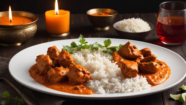 Ein wunderschön präsentierter Teller Chicken Tikka Masala der lebendige orangefarbene Sauce kontrastiert