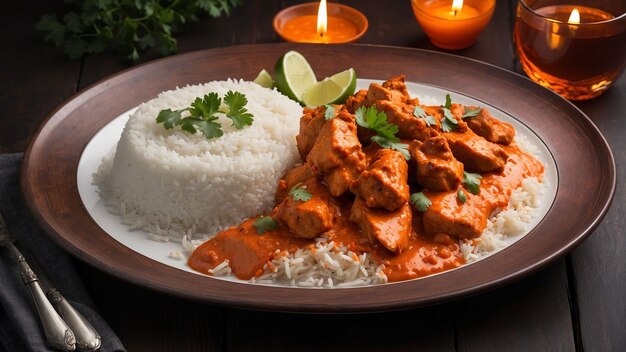 Ein wunderschön präsentierter Teller Chicken Tikka Masala der lebendige orangefarbene Sauce kontrastiert