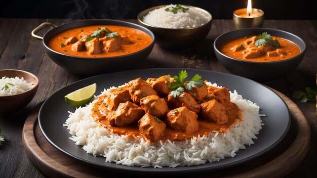 Ein wunderschön präsentierter Teller Chicken Tikka Masala der lebendige orangefarbene Sauce kontrastiert