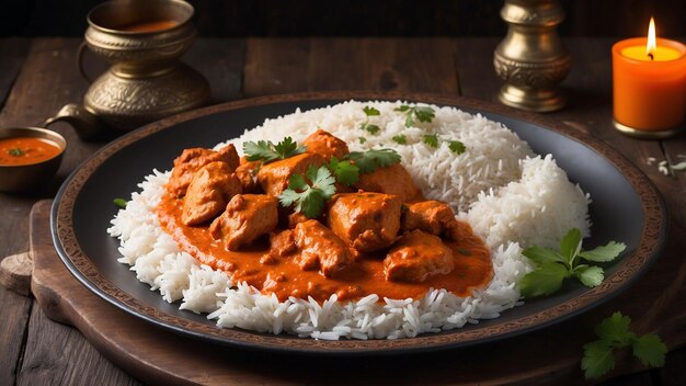 Ein wunderschön präsentierter Teller Chicken Tikka Masala der lebendige orangefarbene Sauce kontrastiert