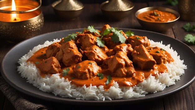 Ein wunderschön präsentierter Teller Chicken Tikka Masala der lebendige orangefarbene Sauce kontrastiert