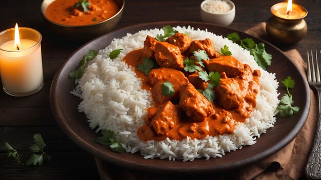 Ein wunderschön präsentierter Teller Chicken Tikka Masala der lebendige orangefarbene Sauce kontrastiert