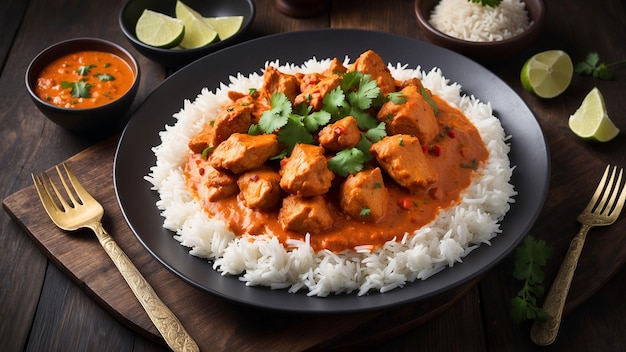 Ein wunderschön präsentierter Teller mit Chicken Tikka Masala, der auf einem dunklen Holztisch dampft.