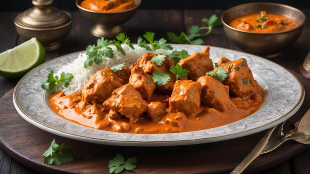 Ein wunderschön präsentierter Teller mit Chicken Tikka Masala, der auf einem dunklen Holztisch dampft.