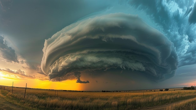 Foto ein wunderschön strukturiertes supercell-gronzensturm trifft auf die farben eines sonnenuntergangshimmels