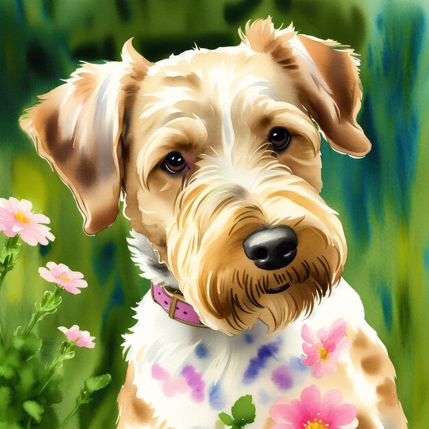 Ein wunderschöner Airedale-Terrier-Hund, Aquarellmalerei, dynamische Eleganz, generative KI