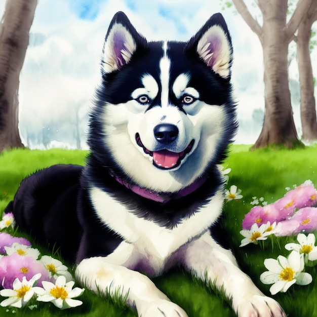 Ein wunderschöner Alaskan Husky-Hund. Aquarellmalerei Majestic Trails Generative AI