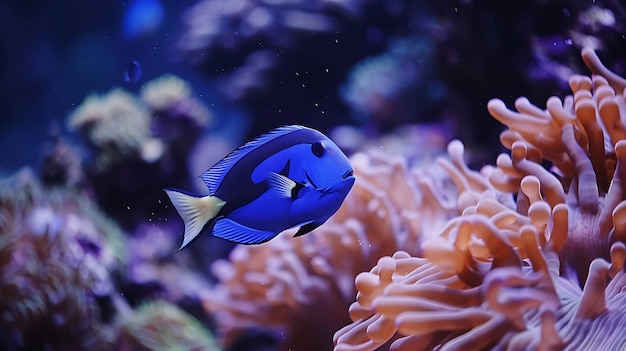 Ein wunderschöner blauer Tangfisch schwimmt anmutig durch ein lebendiges Korallenriff, dessen Schwanzflosse sich wie ein Band hinter ihm zieht.