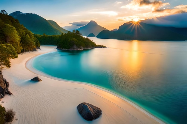 Ein wunderschöner Blick auf einen Strand mit Bergen und einem Sonnenuntergang