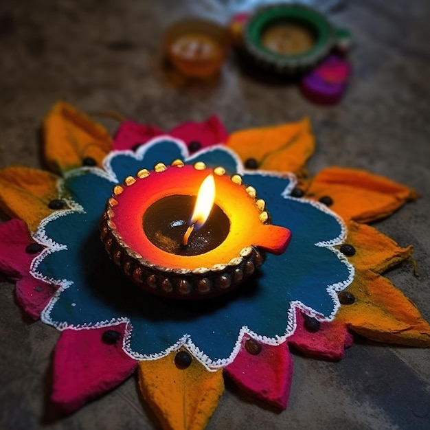 Ein wunderschöner Blick auf verschiedene farbige Dal-Beleuchtungsdesigns mit Kerzen für Diwali