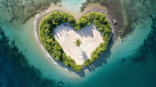 Ein wunderschöner Blick aus der Luft auf einen Strand mit einer herzförmigen Insel, die eine generative KI hat