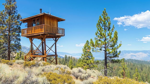 Foto ein wunderschöner blick von einem gemütlichen baumhaus, einem hölzernen turm mit einem schönen blick auf die berge und den see