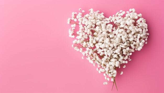ein wunderschöner Blumenstrauß mit einer weißen Herzform auf einem rosa Hintergrund