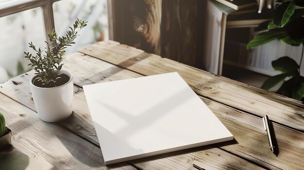 Foto ein wunderschöner büro-schreibtisch mit einer pflanze, einem notizbuch und einem stift der schreibtisch ist aus natürlichem holz und hat ein warmes, einladendes gefühl