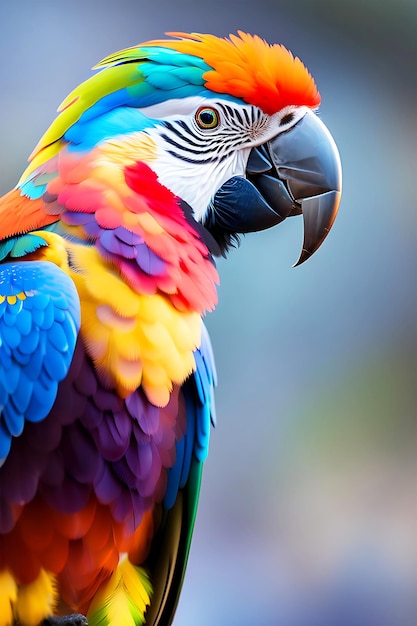 Ein wunderschöner, bunter tropischer Ara-Vogel thront mit lebendigen Federn im Fokus