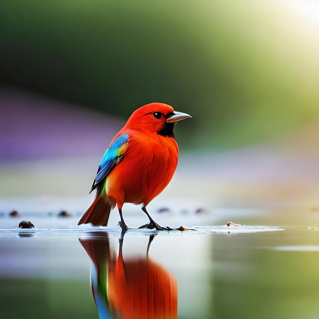 Ein wunderschöner bunter Vogel, der auf einem Wasser sitzt