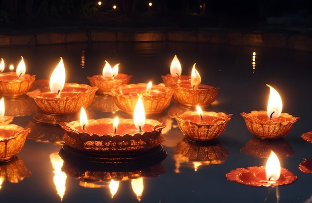 Ein wunderschöner Diwali-Hintergrund mit Kerzenlampen und Tempelteich wurde erstellt