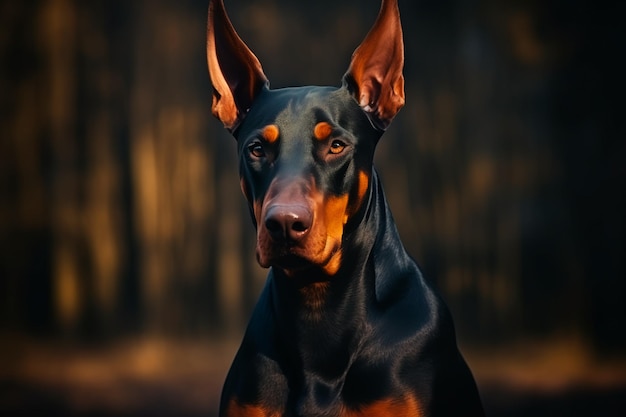 Ein wunderschöner Dobermann-Hund auf einem schönen natürlichen Hintergrund Ein Hund im Park auf einem Spaziergang KI generieren