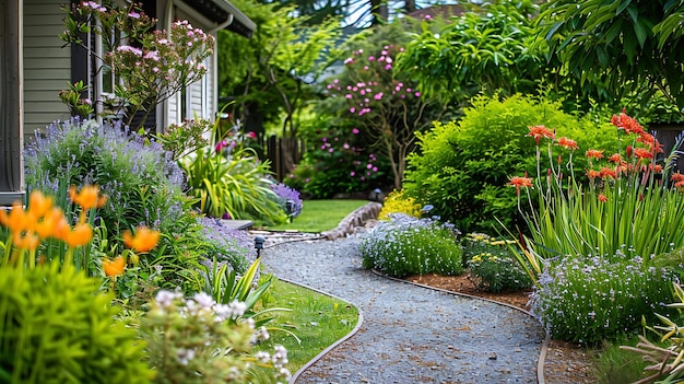 Foto ein wunderschöner garten mit einem kurvenreichen steinpfad, der durch ihn führt. der garten ist voller farbenfroher blumen und üppiger grüner pflanzen.