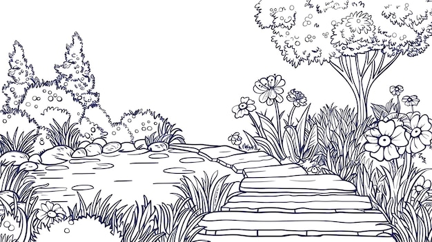 Ein wunderschöner Garten mit einem Steinpfad, Blumen und Bäumen, der perfekte Ort, um sich zu entspannen und die Natur zu genießen.